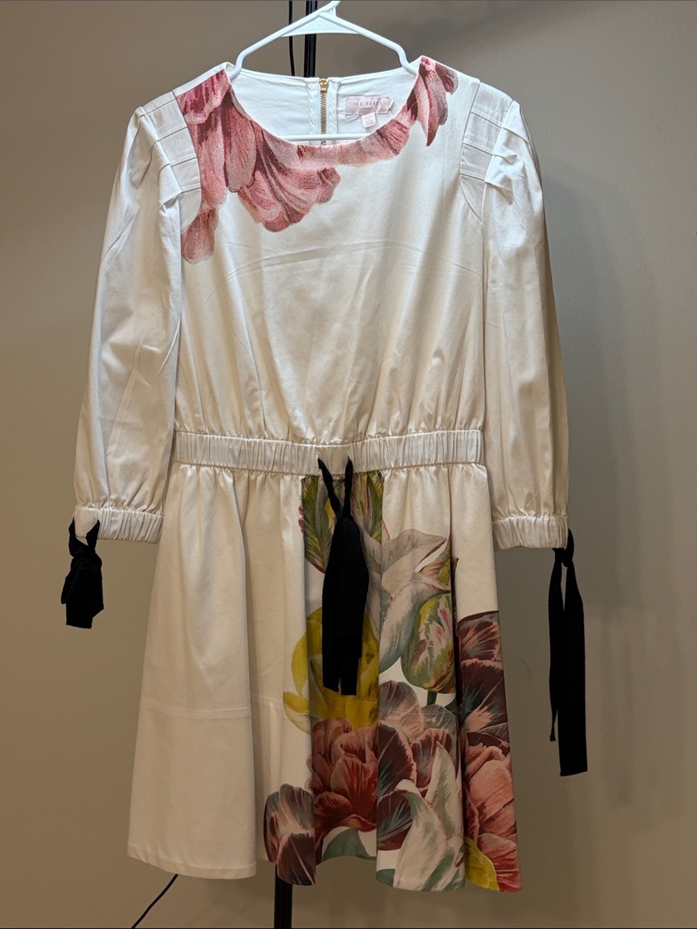 Ted Baker London Cream Dress with Pink Floral Accents and Black Ties